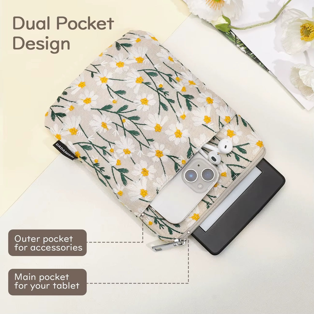Embroidered Daisy Padded Sleeve for 7" Kindle Paperwhite, Protective Sleeve Case for 6" Kindle/Kindle Oasis/Kobo E-Reader